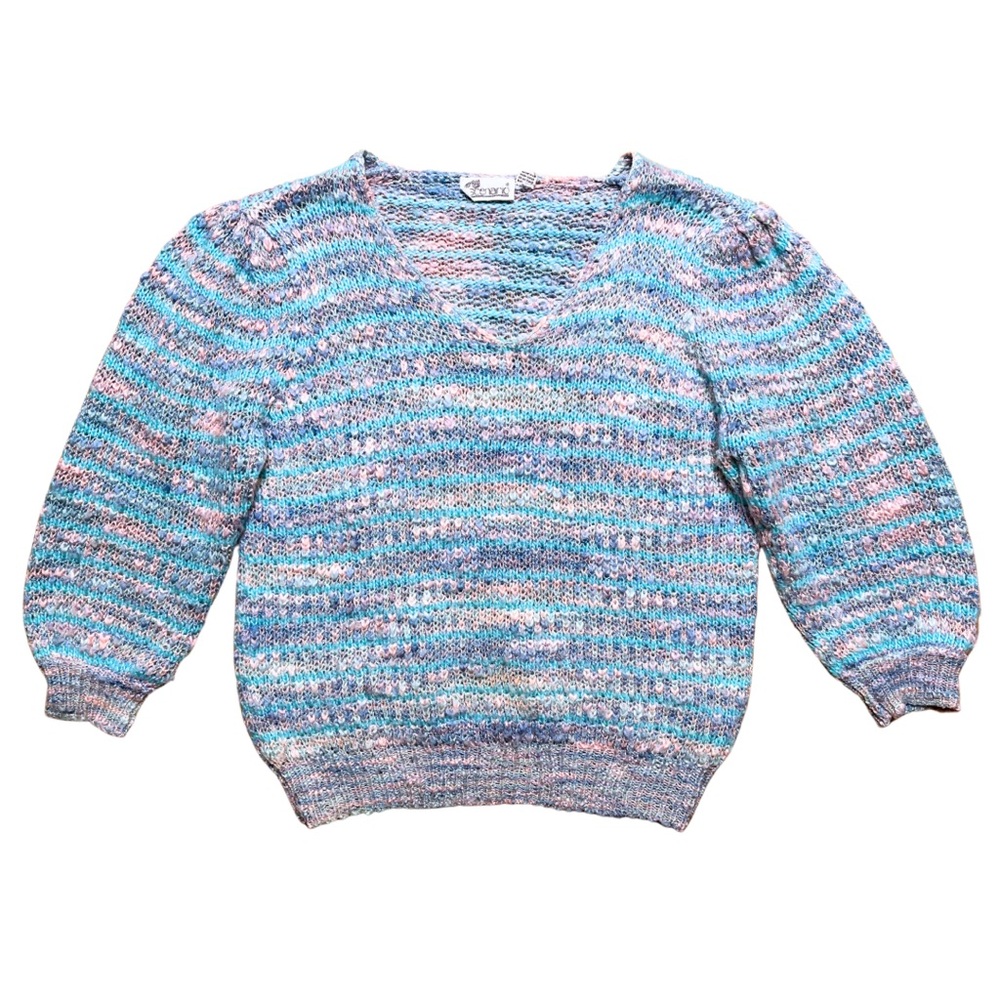 Vintage 70s 80s Knit Sweater Large Pastel Kawaii Crochet Puff Sleeve Fairy Boho